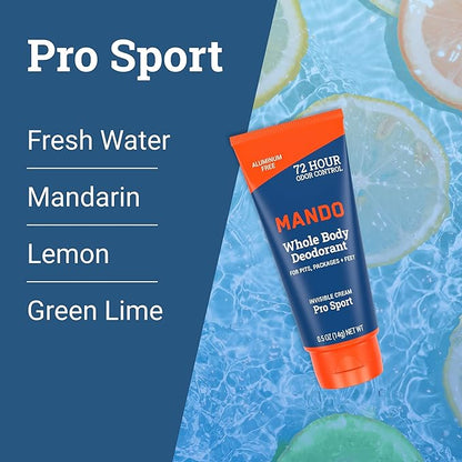 Mando Whole Body Deodorant - Mini Travel Size Invisible Cream Tube - 72 Hour Odor Control - Aluminum and Baking Soda Free, Skin Safe - .5 oz (Pack of 2) (Pro Sport)