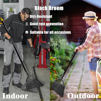 Heavy Duty Broom Outdoor and Indoor, 2 Pack Commercial Angle Brooms with Longer Handle, Perfect Black Broom for Garage, Kitchen, Courtyard, Restaurant