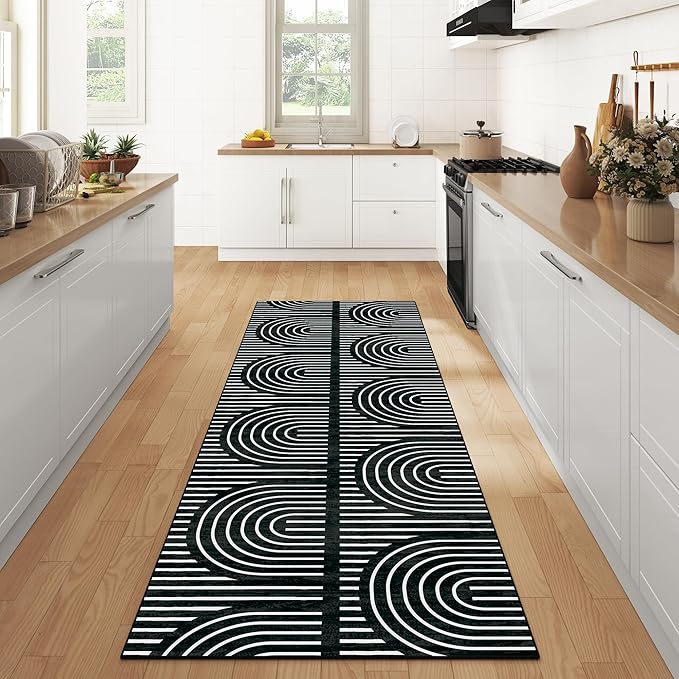 2x6 Washable Black Runner Rugs for Kitchen, Soft Abstract Rainbow Boho Rug for Bedroom Bedside Laundry Room Bathroom,Modern Non Slip Low Pile Floor Mat