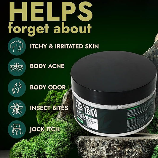 Terramed Just Think Comfort Antifungal Body Scrub with Tea Tree Oil – Exfoliating Body Wash for Women & Men – Soothes Itchy Skin, Rashes, Acne, Warts & Insects Bites – 12 Fl oz with Scrubber Brush