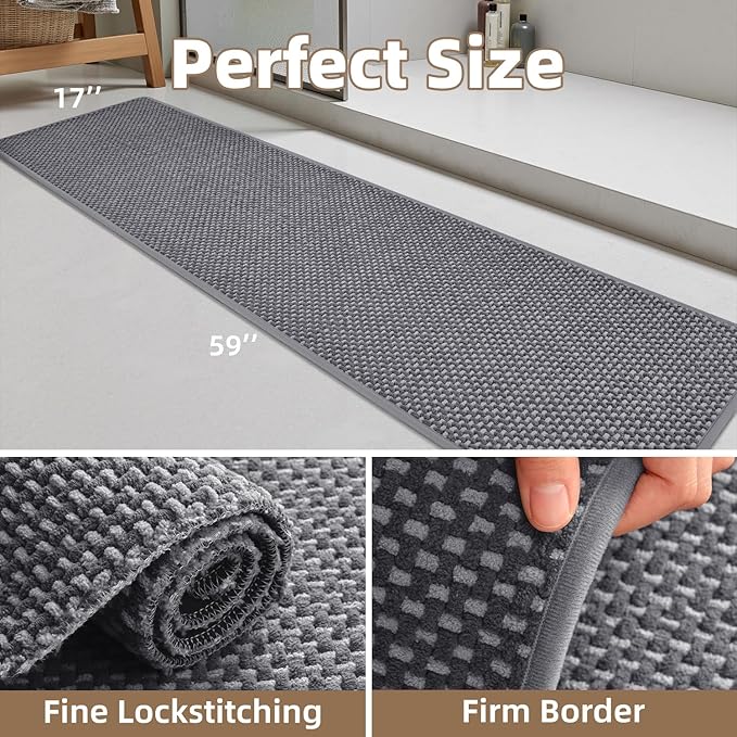 PADOOR-Bath Mat Runner-Super Absorbent Chenille Bathroom Mats-Rubber Backed Bath Mats for Bathroom Non Slip, Easy Clean Bathroom Runner Rugs Front of Bathtub,Shower Room,Sink-17×59
