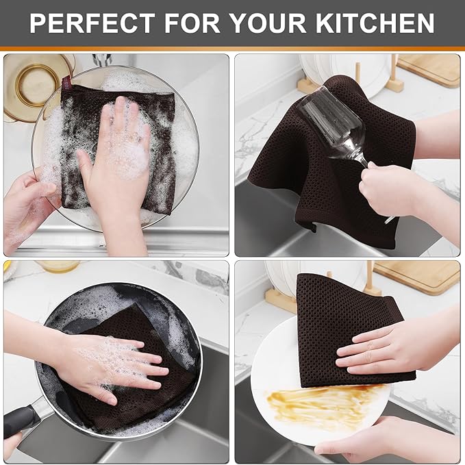 Kitinjoy 100% Cotton Kitchen Dish Cloths, 8 Pack Waffle Weave Ultra Soft Absorbent Dish Towels for Drying Dishes Quick Drying Kitchen Towels Dish Rags, 12 X 12 Inches, Dark Brown