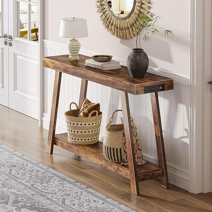 Huuger Console Table with Charging Station, USB-C Port, 2 Tiers Entryway Table, 47.2 Inch Sofa Table with Metal Legs, Entry Hallway Table with Thicker Desktop, Behind Couch Table, Rustic Brown