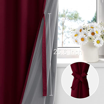 XWZO 100% Blackout Window Curtains - Thermal Insulated & Noise Reduction Black Liner Ring Top Window Treatment Sewn with Tiebacks for Bedroom/Living Room, Burgundy, W52 x L54, Set of 2