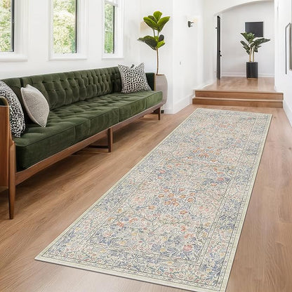 Beige Blue Washable 2'6"x10' Wide Hallway Runners, Kitchen Runner Rug, Non-Slip & Stain Resistant 10ft Long Floor Rug, Retro Lilic Boho Floral Décor