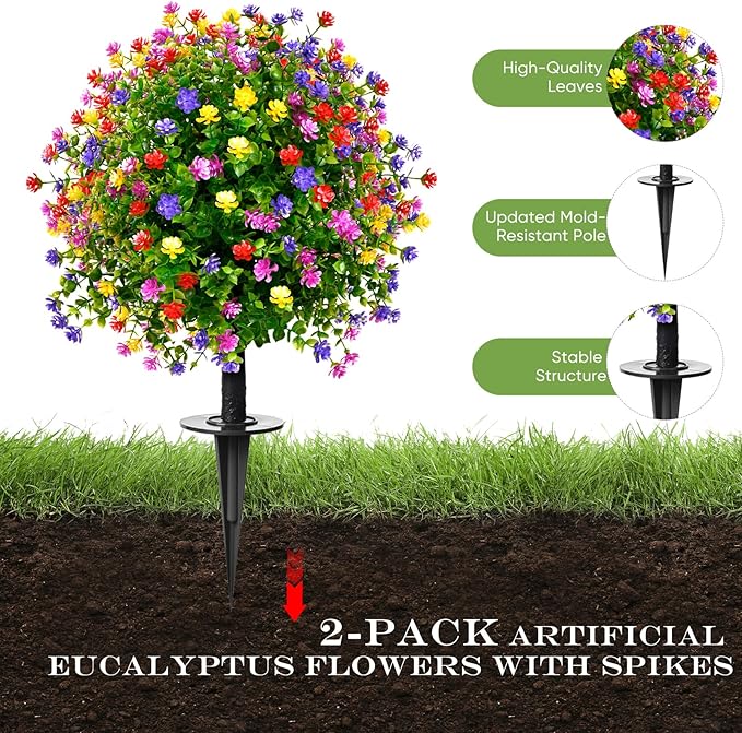 23" Artificial Topiary Boxwood Ball Trees with Ground Spike, Set of 2, UV Resistant Fake Bushes Plants with Camellia Flowers, Faux Cedar Balls Shrubs for Outdoor Indoor Front Porch Garden Decor