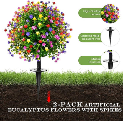 23" Artificial Topiary Boxwood Ball Trees with Ground Spike, Set of 2, UV Resistant Fake Bushes Plants with Camellia Flowers, Faux Cedar Balls Shrubs for Outdoor Indoor Front Porch Garden Decor