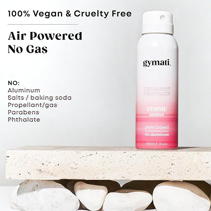 Gymati - Fitness Deodorant Spray - Men & Women - Aluminum-Free - All Day Ultimate Odor Protection - Built For Sweat - Air-Powered - Vegan & Plant-Based - Made in USA -Femme -3.4oz Travel Size -3 Pack