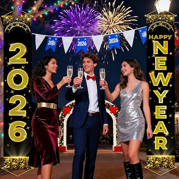Upgraded, Ideal New Years Eve Party Supplies 2026, 300D Premium New Year Banner 2026, Large 71x12in (with 2pcs Golden hanging rod) Classic Design, HQ Fabric, HD Printing, Perfect for NYE Decorations