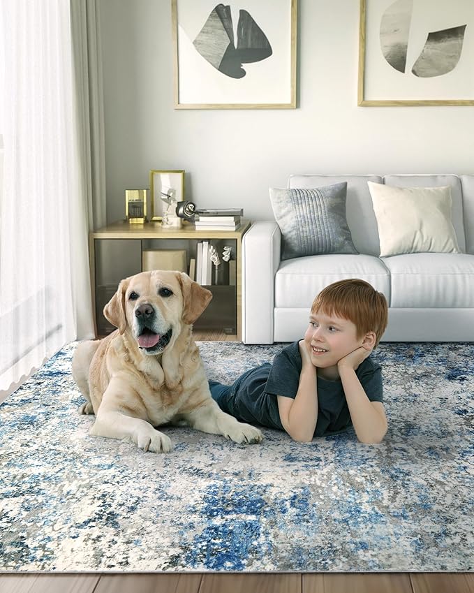 Washable Area Rug for Living Room: 5x7 Modern Abstract Neutral Soft Rug for Bedroom Dining Room No Slip Low Pile Carpet for Nursery Home Office - Grey/Blue