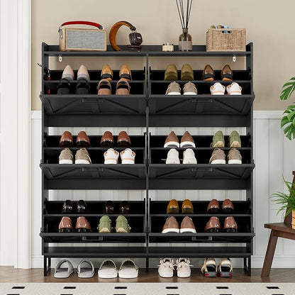 Shoe Cabinet with 6 Flip Drawers Narrow Shoe Storage Cabinet Organizer Wooden Freestanding Shoe Rack Hidden Slim Shoes Storage Cabinet for Entryway, Hallway, Living Room, Bedroom