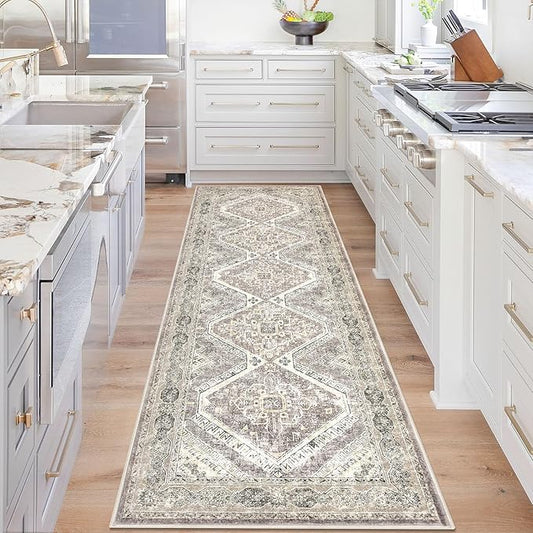 KUTA Oriental Washable Runner Rug, 2.6x8 Runners for Hallways Non-Slip Vintage Ivory Grey Yellow Brown Kitchen Runners Ultra Soft Printed Distressed Tribal 8ft Floor Carpet Rugs for Stairway Bedroom