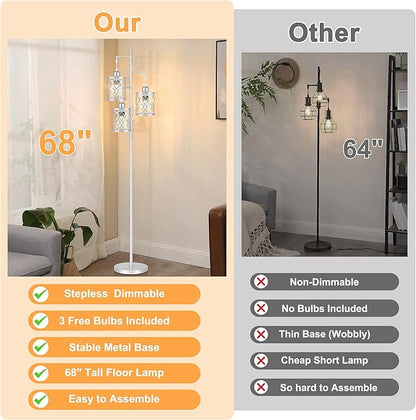 68" Farmhouse Floor lamp, Dimmable Industrial Floor Lamps for Living Room, 3 Light Rustic Standing Tall Lamp Including 3 PCS 6W Edison Bulbs, Tree Floor Lamp for Bedrooms Room, Office, Bar, Silver