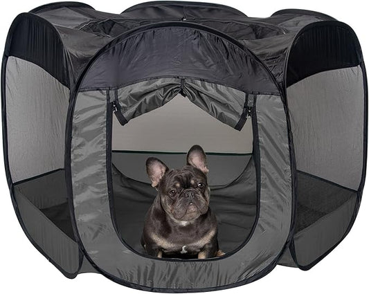 Furhaven Portable Dog Playpen Cat Tent, Pet playground,Kennel foldable indoor outdoor zippered puppy crate - Gray, Large