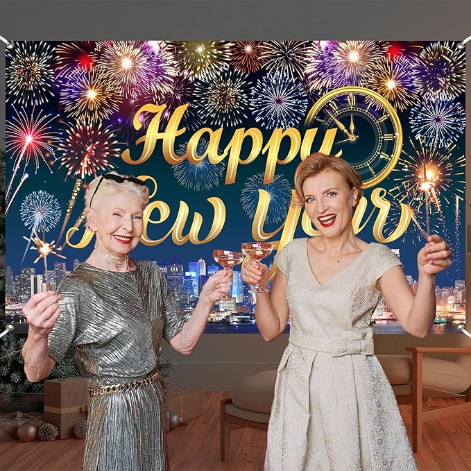 Gold Happy New Year Banner 2026 Colorful Fireworks Happy New Year Decorations Backdrop with Clock City Scene for 2026 Backdrop Family Gathering Party Supplies 5.9×3.6 Ft (Polyester)