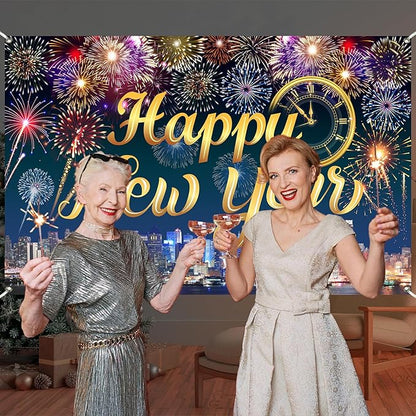 Gold Happy New Year Banner 2026 Colorful Fireworks Happy New Year Decorations Backdrop with Clock City Scene for 2026 Backdrop Family Gathering Party Supplies 5.9×3.6 Ft (Polyester)
