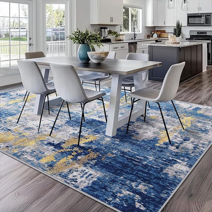 Washable Area Rugs 10'x14' Non-Slip Modern Abstract Soft for Living Room Entryway Bedroom Nursery, Print Pattern, Grey Blue Gold/Golden