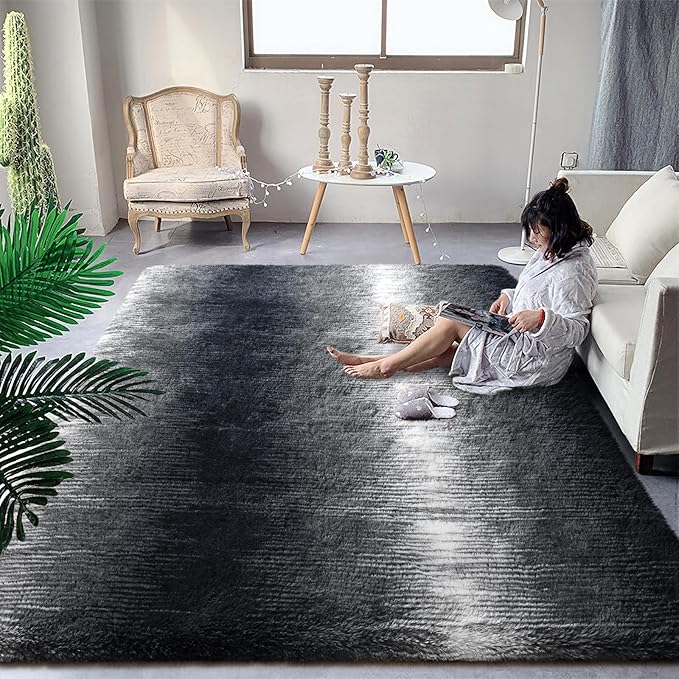 DweIke Luxury Fluffy Kids Rugs for Living Room Bedroom, 4x6 Feet Shaggy Black and White Area Rug for Girls Boys, Upgrade Plush Non-Slip and Washable Colorful Fuzzy Carpet for Dorm Nursery Decor