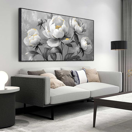 Large Black and White Flower Canvas Wall Art With Black Wood Frames for Living Room Bedroom Home Office Modern Canvas Prints Framed Canvas Wall Art Size 30x60