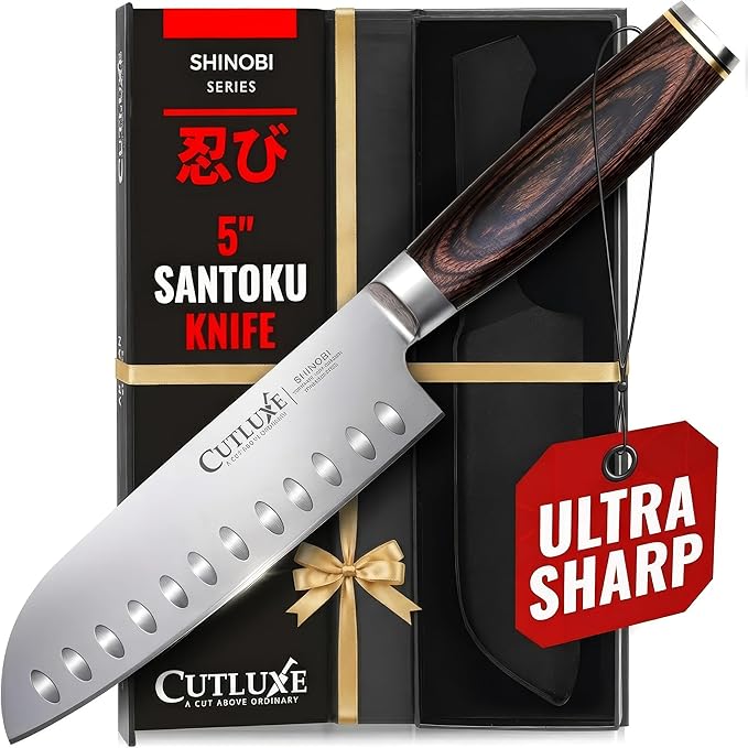 Santoku Knife – Ultra Sharp 5 Inch Meat and Vegetable Japanese Knife for Chopping, High Carbon Stainless Steel Blade, Full Tang Pakkawood Handle – Shinobi Series