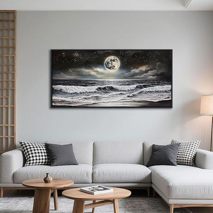QZQCBLC Large Black Ocean Wall Art, White Sea Waves Moon Starry Clouds Canvas Print Paintings Artwork Beach Landscape Pictures for Living room Bedroom Home Office Wall Pictures Decor 24x48 IN