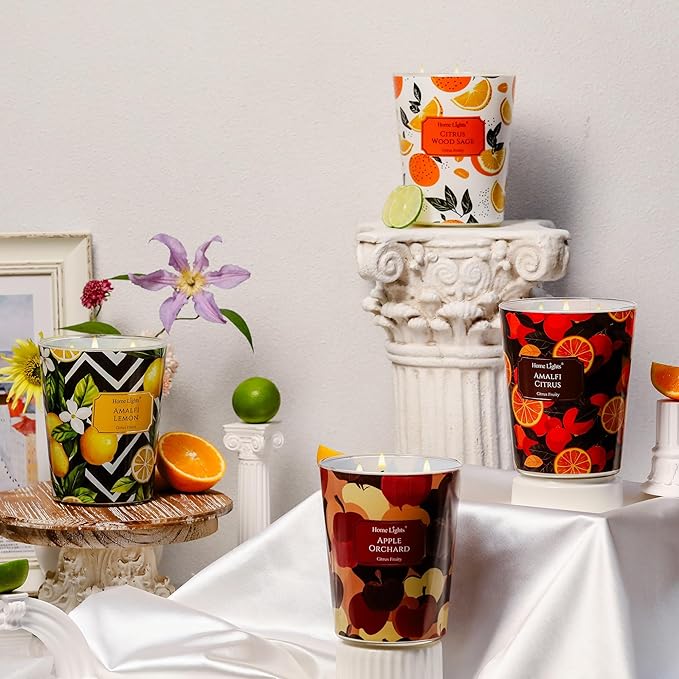 HomeLights Scented Candles | Large Jar 34 Oz Natural Soy Candle | 130 hrs Long-Lasting with 3 Wicks | Eclectic Mixed Styles Home Decor | Gifts for Mom & Women, Amalfi Citrus