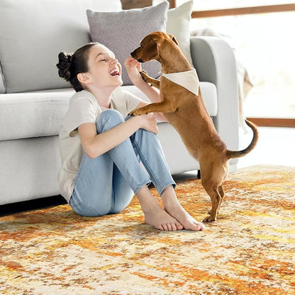 Washable Area Rugs for Living Room - 9x12 Abstract Modern Rug Neutral Soft Rug Stain Resistant Non-Shedding No Slip Low Pile Large Carpet for Bedroom Dining Room Nursery Home Office - Orange/Gold