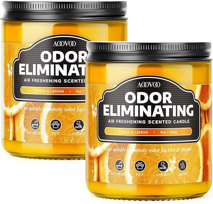 AOOVOO Citrus & Lemon 2 Pack Odor Eliminating Highly Fragranced Candle - Eliminates 95% of Pet, Smoke, Food and Other Smells Quickly, Air Freshing Soy Candle, 18 oz Up to 100 Hours Burn time