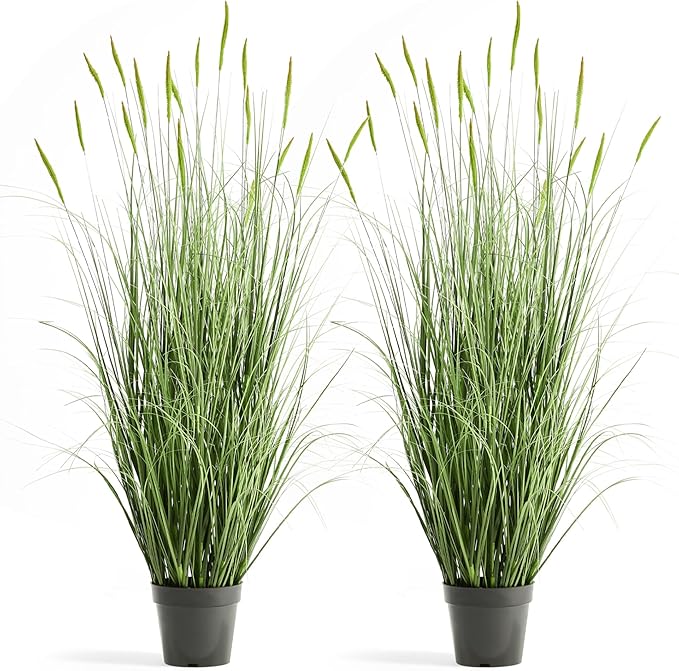 Faux 4ft 2-Pack Horsetail Reed Grass with Green Spikes, 48in Tall Indoor Outdoor Fake Grass in Pot, Home Office Decorative Artificial Plant & Greenery, Wedding Decor Bristlegrass