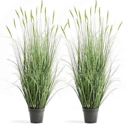 Faux 4ft 2-Pack Horsetail Reed Grass with Green Spikes, 48in Tall Indoor Outdoor Fake Grass in Pot, Home Office Decorative Artificial Plant & Greenery, Wedding Decor Bristlegrass