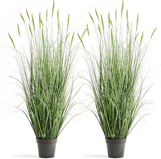 Faux 4ft 2-Pack Horsetail Reed Grass with Green Spikes, 48in Tall Indoor Outdoor Fake Grass in Pot, Home Office Decorative Artificial Plant & Greenery, Wedding Decor Bristlegrass
