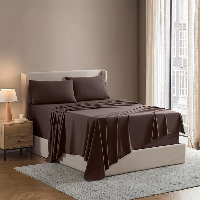 Nestl Short Queen Sheet Set - 1800 Ultra-Soft Microfiber - Double Brushed - Deep Pockets - Easy Fit - 4 Piece Set - Bed Sheets (Short Queen, Chocolate Brown)