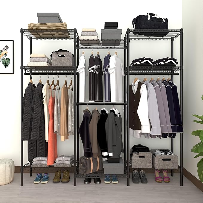Portable Closet Clothes Rack, Freestanding Clothing Rack, Metal Garment Rack,Adjustable Custom Closet Rack, 56.7" L x 13.8" W x 75.2" H, Max Load 700LBS, Small(Black)