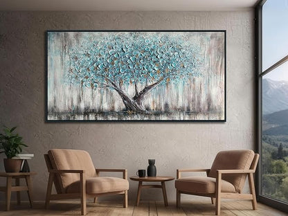 Arjun Framed Blue Tree Extra Large Canvas Wall Art for Living Room Tree of Life Abstract Bedroom Textured Painting, Nature Picture Panoramic Landscape Artwork Home Office Decor, Black Wood 58"x29"