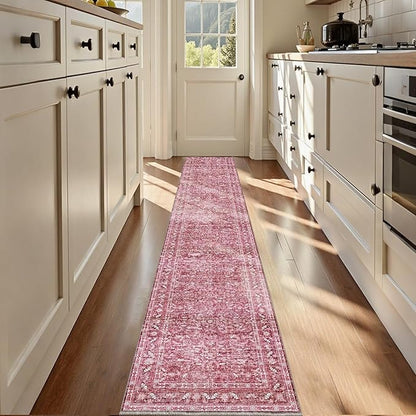 OPPODREAM Thin Vintage Hot Pink 2x12 Runner Rug, 2 x 12 Retro Washable Rug Non Slip, Low-Pile Faux Wool Carpet, Distressed Floor Mat for Kitchen, Hallway, Entry-Way, Entrance, Indoor Back Door