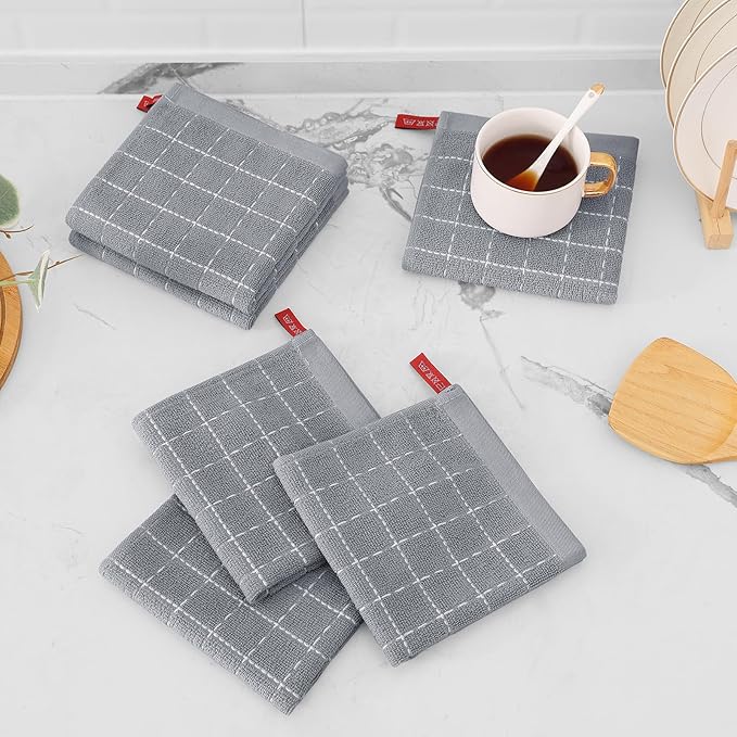 Mordimy 100% Cotton Terry Cloth Dish Cloths, Soft and Absorbent Checkered Dish Towels, Quick Drying Dish Rags for Washing Dishes, 12 Pack, 12 x 12 Inches, Light Grey