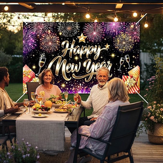 Happy New Year Backdrop Gold Glitter Champagne Glasses Fireworks Gift Boxes Banner 71x43 Inches Sparkling Black Background for 2026 New Year Eve Party Indoor Outdoor Decoration