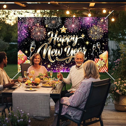 Happy New Year Backdrop Gold Glitter Champagne Glasses Fireworks Gift Boxes Banner 71x43 Inches Sparkling Black Background for 2026 New Year Eve Party Indoor Outdoor Decoration
