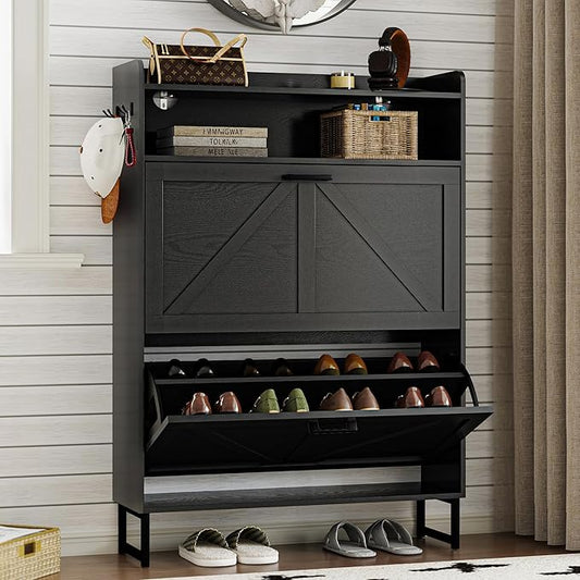 Shoe Cabinet with 2 Flip Drawers Narrow Shoe Storage Cabinet Organizer Wooden Freestanding Rack Hidden Slim Storage for Entryway, Hallway, Living Room, Bedroom