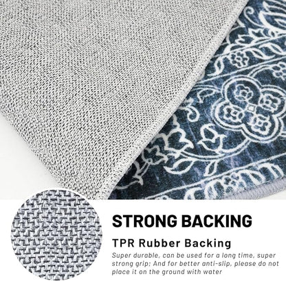 KUTA Vintage Washable Runner Rug, 2x5 Runners Non-Slip Navy Blue 5ft Hallway Kitchen Rugs Ultra Soft Printed Distressed Tribal Farmhouse Carpet for Bedroom Entryway Decor