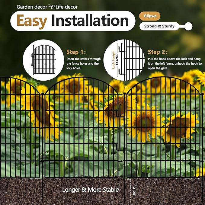 15 Panels No Dig Decorative Garden Fence with Lock, 33in (H) X 33.46ft (L) Dog Fences Outdoor for Yard, Rustproof Tall Metal Animal Barrier Border for Rabbits, Patio, Temporary Outdoor Use