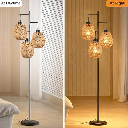 Boho Floor Lamp for Living Room,Industrial Rattan Floor Lamp with 3 Rattan Woven LampShade,Black Standing Lamp Rustic Tall Lamp Light Wicker Tree Floor Pole Lamp for Bedroom,Office,Corner