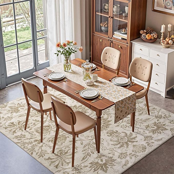 jinchan Floral 5x7 Area Rugs, Vintage-Inspired Neutral Design Accent Rug, Machine Washable Ultra-Thin Low-Pile Non-Slip Traditional Carpet for Living Room Bedroom Dining Room Home Office, Taupe