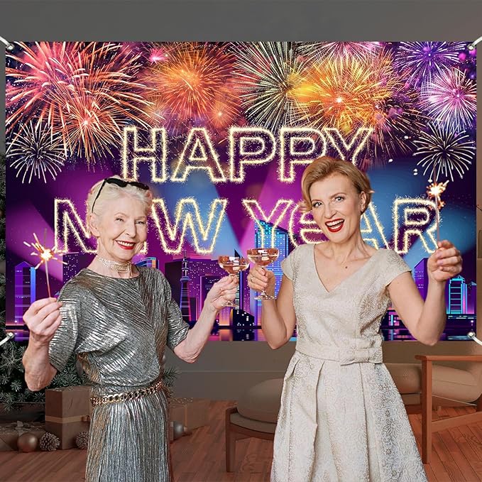 Happy New Year Banner 2026 Purple New York City Night View Manhattan Backdrop Retyshia Sparkling Fireworks Happy New Year Decorations Banner for NYE Party Photo Booth 5.9×3.6 Ft (Polyester)