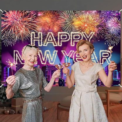 Happy New Year Banner 2026 Purple New York City Night View Manhattan Backdrop Retyshia Sparkling Fireworks Happy New Year Decorations Banner for NYE Party Photo Booth 5.9×3.6 Ft (Polyester)
