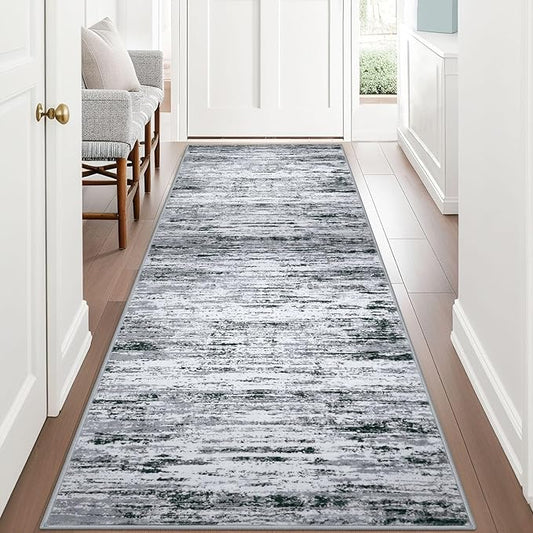 Modern Abstract Runner Rug 3x8, Black Grey White Washable Kitchen Runner Non-Slip Soft Hallway Rug Runner Thin Print Faux Wool Carpet for Entryway Bedroom Laundry Room Indoor Home Office Decor