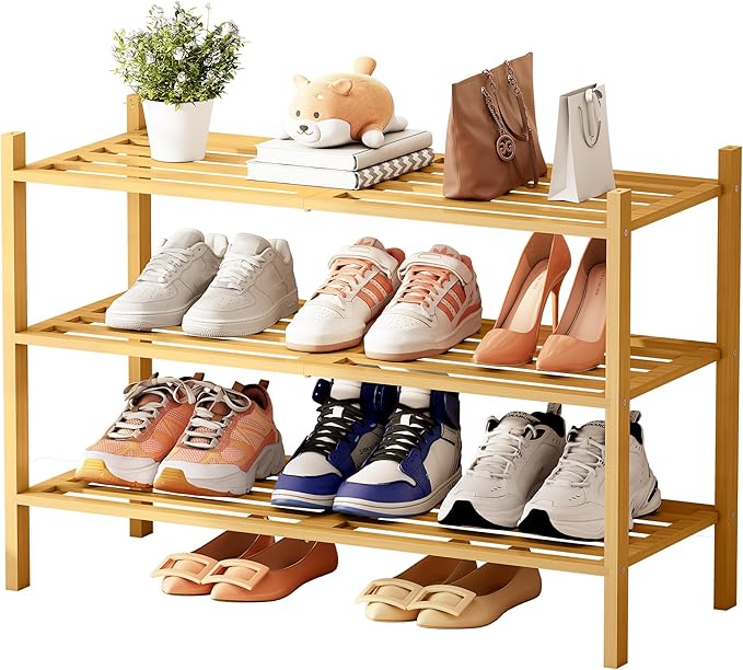 Bamboo Shoe Rack for Closet 3 Tier, Durable Wooden Shoe Rack, Space-Saving Stackable Shoe Organizer for Entryway, Dorm, Garage, Natural