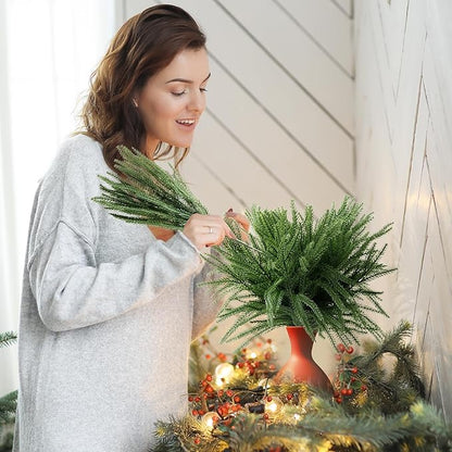 Christmas Decor Norfolk Pine Stems, 12 Pcs Artificial Pine Branches, Realistic Faux Greenery Stems, 19-Inch Pine Picks for Christmas Decorations, DIY Crafts, Wedding & Home Accents (No vase)