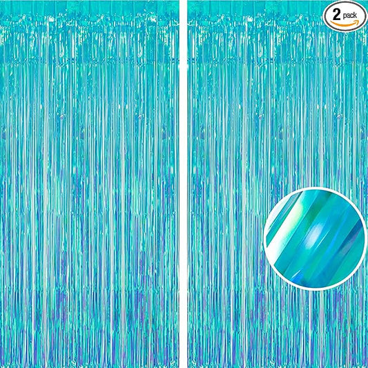 BRAVESHINE Iridescent Blue Foil Fringe Backdrop - 2 Pack 3.2x6.5 ft Holographic Tinsel Streamers Curtains for Christmas/Frozen/Winter’s Snowflake/Birthdays/Mermaid/Sea Party Decorations