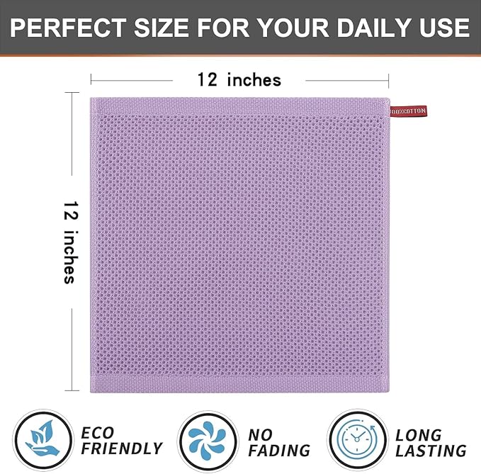 Kitinjoy 100% Cotton Kitchen Dish Cloths, 8 Pack Waffle Weave Ultra Soft Absorbent Dish Towels for Drying Dishes Quick Drying Kitchen Towels Dish Rags, 12 X 12 Inches, Lavender